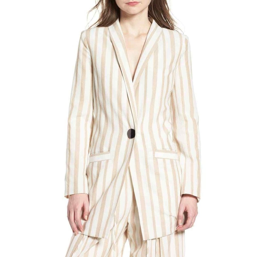 Chriselle x J.O.A. Womens M Ivory Tan Striped One-Button Boyfriend Blazer Jacket